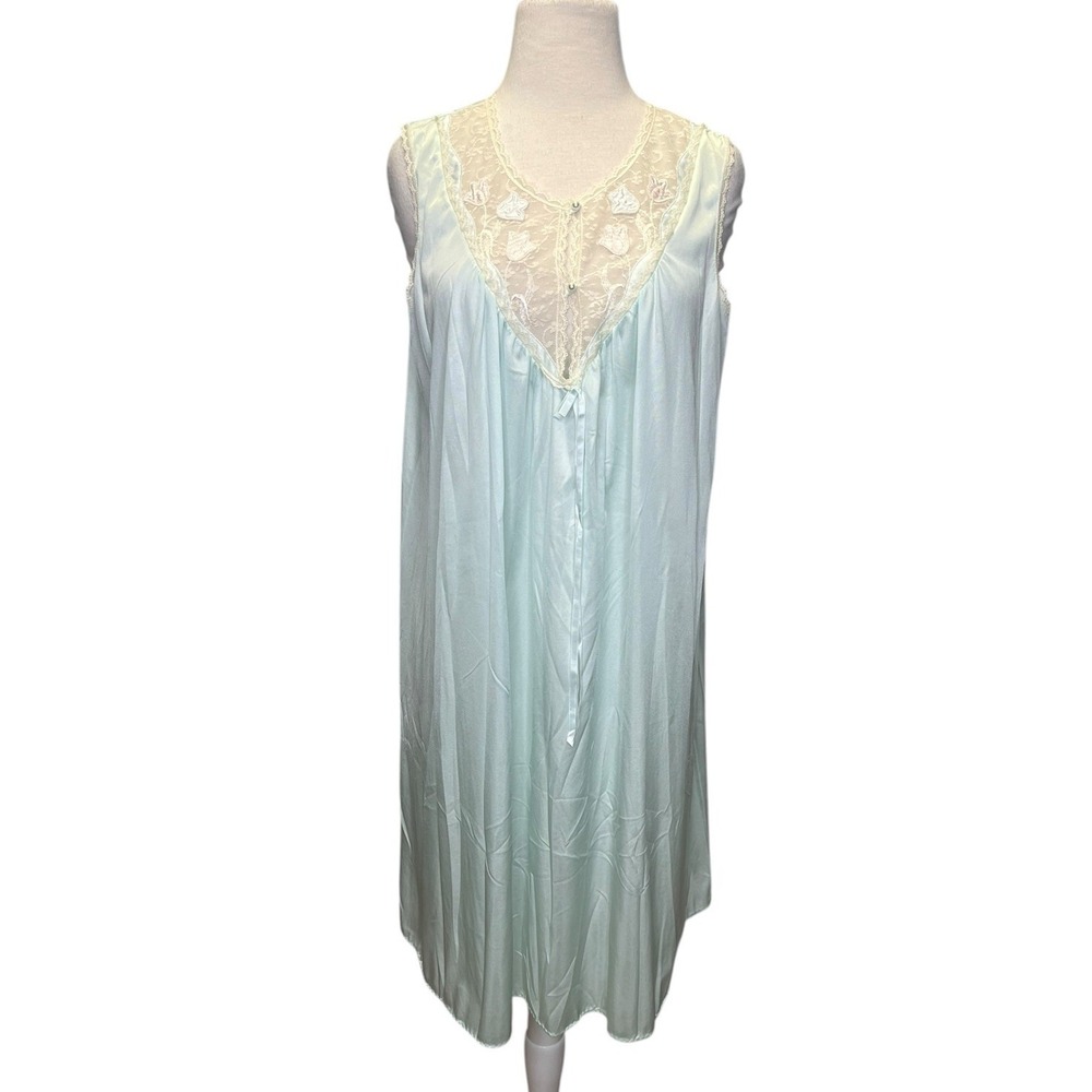 VTG LORRAINE‎ Nightgown Medium Mint Green Nylon Lace Flower Tulip Pearl Buttons